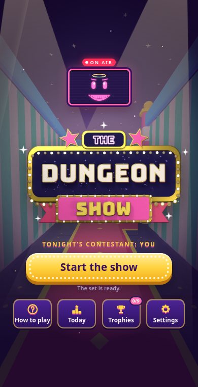 The Dungeon Show title: a marquee sign under spotlights and AURA's face on an on-air screen