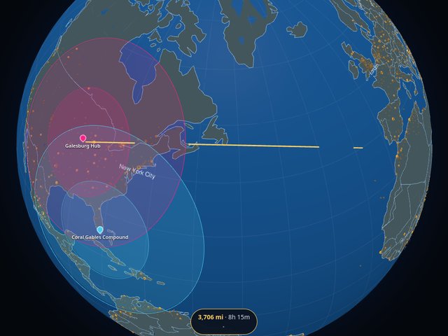 A globe with range rings around two hubs and a 3,706-mile measurement