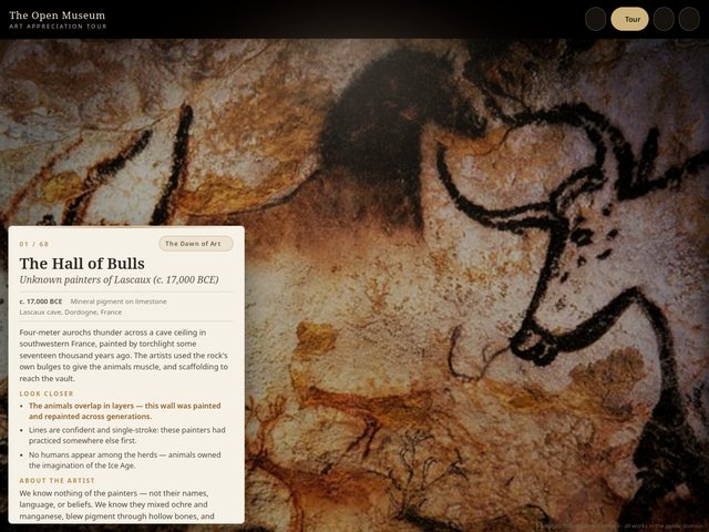 The Hall of Bulls from Lascaux, with its wall label, in the Open Museum