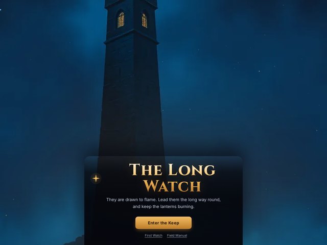 The Long Watch title screen: a dark tower against the night sky